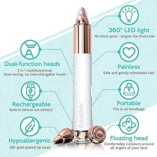 2-in-1 Portable Rechargeable Painless Eyebrow Trimmer & Facial Hair Remover, removes Eyebrow, face, Lips and Body Hair for Women. 18K Gold Plated Hypoallergenic Heads, 360° LED Light for Hair Remover
