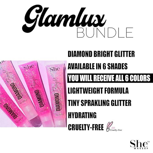 Beauty Bundle She Diamond Glitter Lip Gloss Bright High Shine Glitter Holographic Long Lasting Non-Sticky Formula Gifts for Girls, Teens, Tweens & Women