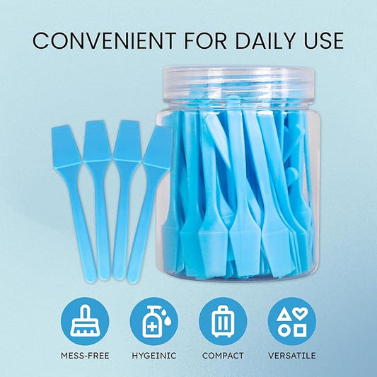 pana Brand Cosmetic Make Up Disposable Plastic 2.5Inch Spatulas Skin Care Facial Cream Mask Spatula (100 Pieces in a Container) (BLUE)