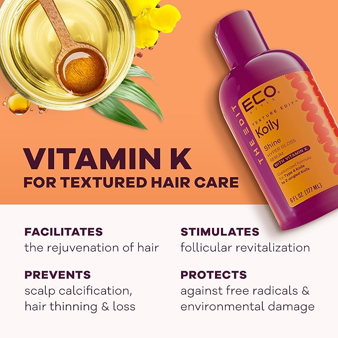 Eco Style, Texture Edit, Koily Shine Hyper Gloss Serum for Type 4 curly hair - A nourishing, sulfate-free rich oil that provides a natural glow and frizz control for kinky curly hair. 6 oz