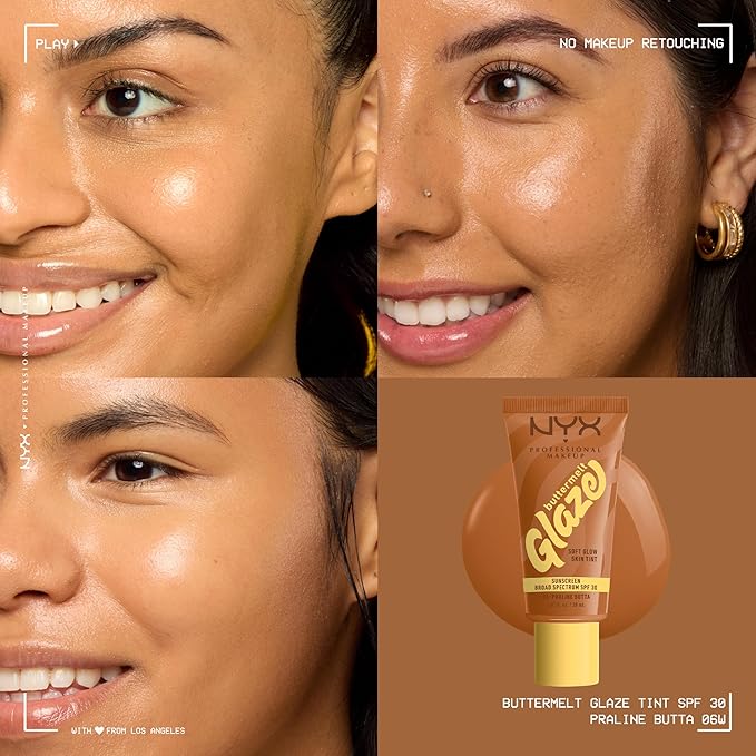 NYX PROFESSIONAL MAKEUP Buttermelt Glaze Soft Glow Skin Tint + SPF 30, Up To 12HR Wear, 06 Praline Butta