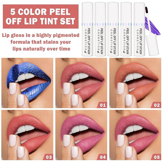 AWCCXMYM 5 Colors Lip Stain Peel Off Lip Tint Stain Velvet Matte Nude Lipstick Shine Long Lasting Waterproof Non Stick Cup Non Fade Liquid Lipstick Set For Seductive Charm
